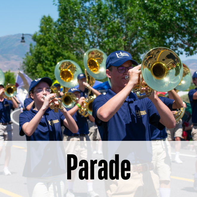 Band playing instruments in a parade - words read "parade"