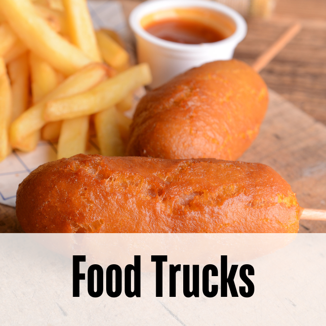 Corn dogs and french fries - words read "food trucks"