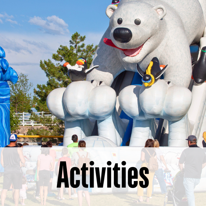 Inflatables outside at towne days words read Activities