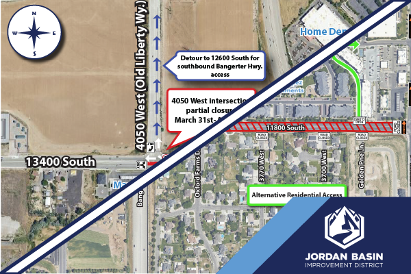 Graphic displaying elements from both the 11800 South and 13400 South sewer project maps, overlaid with the Jordan Basin Improvement District (JBID) logo. This image serves as a cover for the latest news update on upcoming road closures.