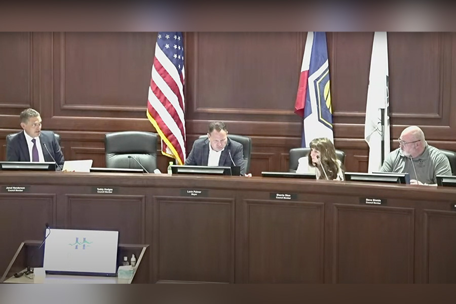 Herriman City Councilmembers sit on the dais during a city council meeting on March 26, 2025