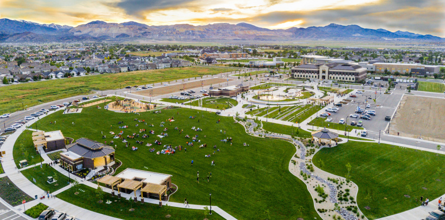 Aerial image overlooking Herriman at sunset