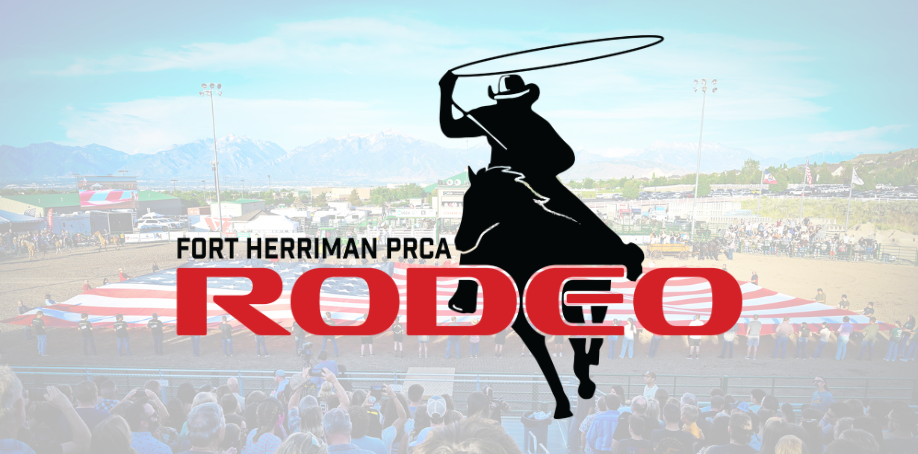 Fort Herriman PRCA Rodeo logo with the rodeo grounds in the background and a large American flag
