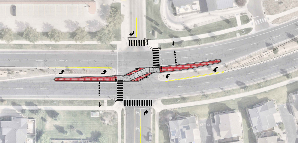 Concept map of a pedestrian refuge island on Herriman Main Street at Herriman Rose Blvd.
