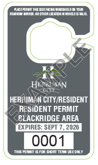 Gray Herriman City/Resident “Resident Permit” tag for the Blackridge area, expires Sept. 7, 2026, with permit number 0001 and a blank area at the top.