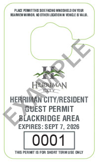 White Herriman City/Resident “Guest Permit” tag for the Blackridge area, expires Sept. 7, 2026, with permit number 0001 and a blank area at the top.
