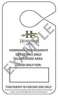 White Herriman City/Resident “Day Permit Only” hang tag for the Blackridge area, with a blank “Good only for” box and “Day use only” note.