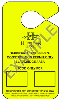 Bright yellow Herriman City/Resident “Construction Permit Only” hang tag for the Blackridge area, with two blank “Good only for” boxes and “Construction use only” note.