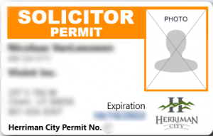Example image of a Herriman City solicitor permit, a white card with orange stripes and highlights with placeholder text.