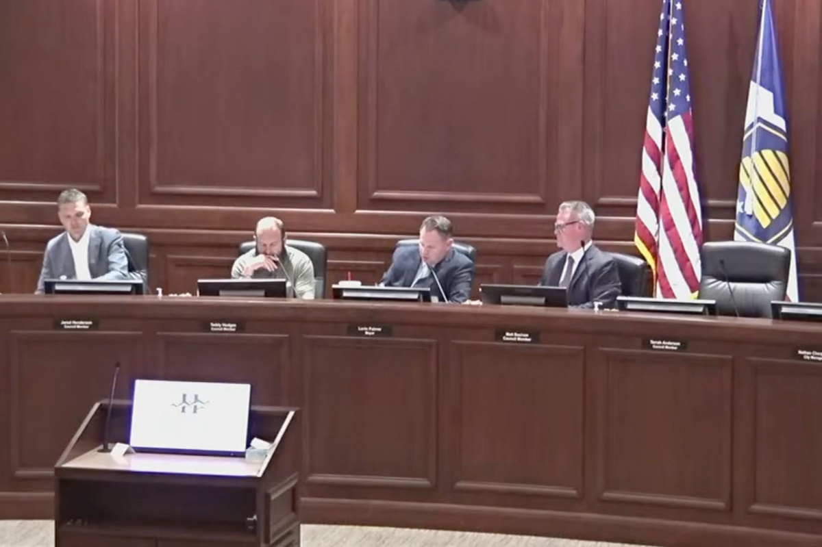 Video screenshot of Herriman City Councilmembers seated at the dais during the April 8, 2026 Council meeting.