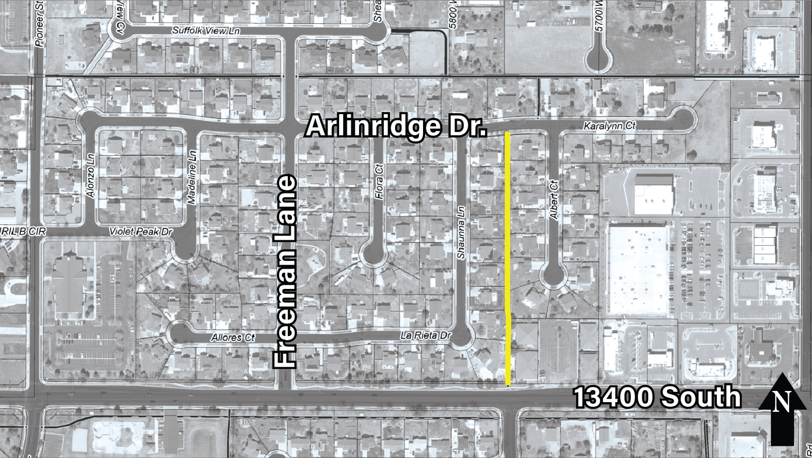 Map showing the proposed trail vacation area, with the affected trail highlighted in yellow between Arlinridge Drive and 13400 South near Freeman Lane.